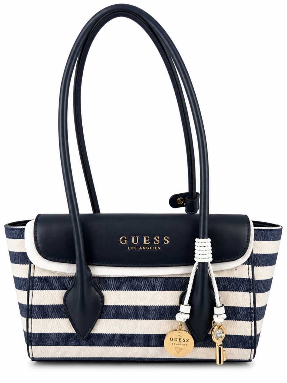 GUESS Navy and White Striped Shoulder Tote with Gold Accents